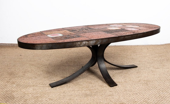 Image 1 of Tavolino da caffè in pietra lavica, ceramica e acciaio, disegnato da Jean Jaffeux nel 1960.