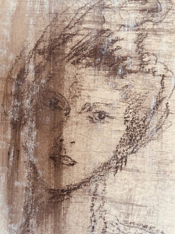 Image 1 of Houtskooltekening, gesigneerd, 19e-eeuws vrouwenportret