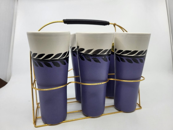 Erdecor Orangeade Basket and Cups, France, 1950, Set of 7, Tableware, Ceramic, Gold, Black (photo 9 of 11)