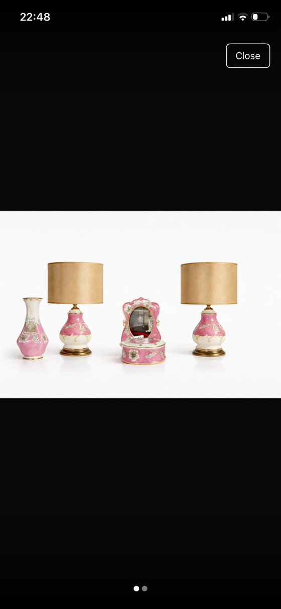 Image 1 of Stunning 5-Piece Vintage Rose Porcelain Vanity & Lamp Set