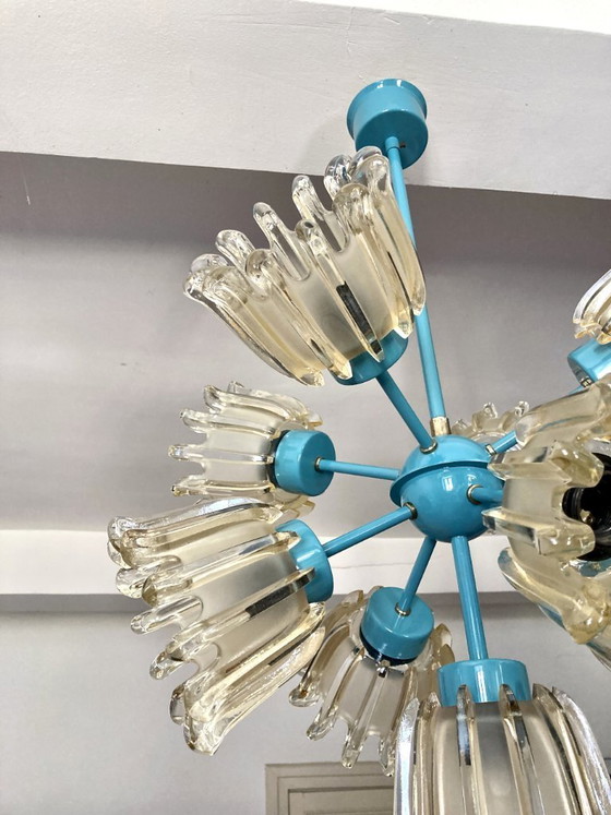 Image 1 of Large 9-light chandelier in molded glass and turquoise metal, Leclaire & Schäfer – 1960s