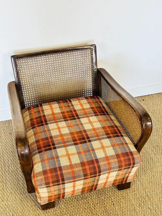 Image 1 of Vintage fauteuil van gebogen hout, rieten frame en geruite stof, 1960