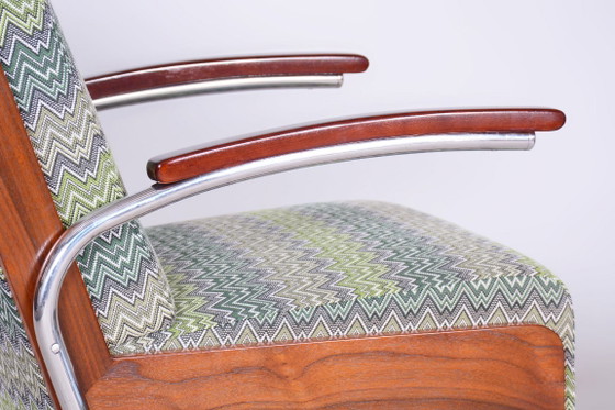 Gerestaureerde art-deco fauteuil, beuken, sparren, walnoot, chroom, Tsjechisch, jaren 1930 – Textile, Wood (photo 12 of 14)