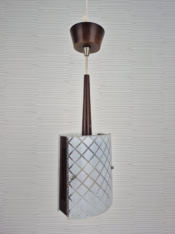 Image 1 of Mid-century pendant lamp in teak and embossed glass. Vintage lamp.
