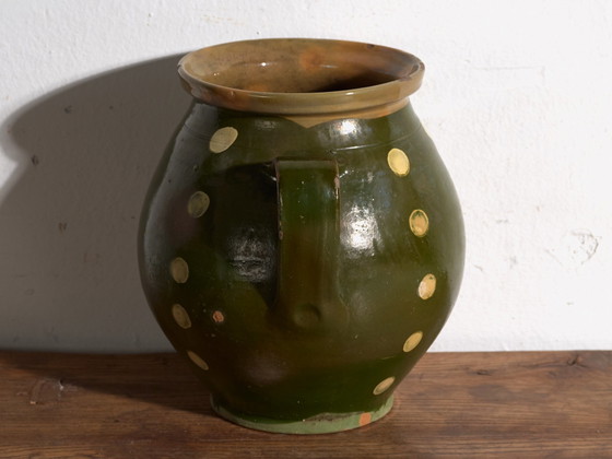 Coppia di brocche antiche in ceramica smaltata, Europa Centrale, circa 1920, Stoviglie, Verde (foto 5 di 11)
