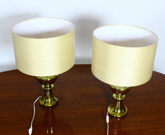 Image 1 of Set of two luxury Uno & Osten gold table lamps with silk shades, Sweden 1970