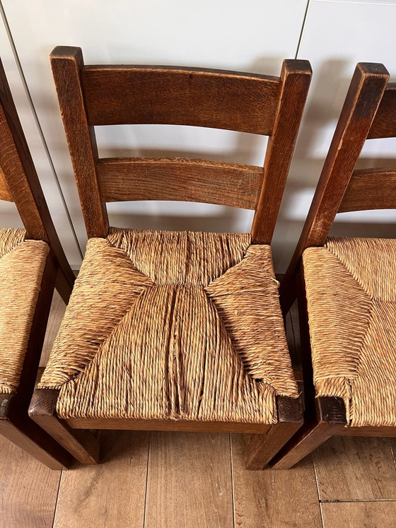 Houten butalistische stoelen set, Eetkamerstoelen, Rotan, Beige (foto 4 van 9)