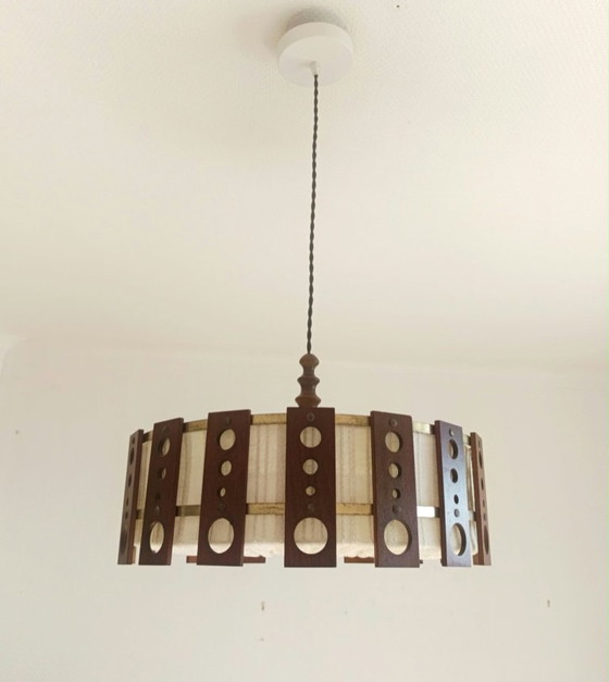 Lampada a Sospensione Scandinava in Teak e Tessuto Circa 1960 – Lampade a sospensione, Wood (photo 6 of 10)