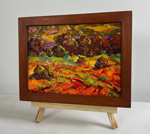 Original Oil Painting Autumn Field Landscape Golden haystacks