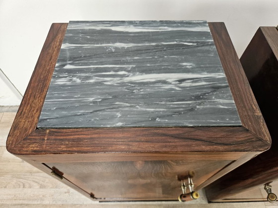 Image 1 of Pair of 1930s Art Deco bedside tables in walnut burl with marble top