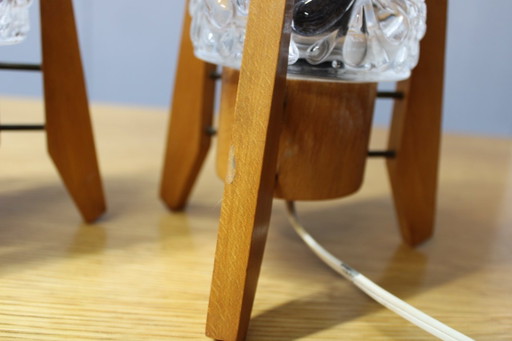 Pair Czech 1970s Wood and Yellow Glass Mid Century Table Lamps
