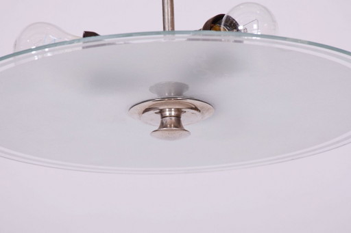 Gerestaureerde Bauhaus-kroonluchter, chroom, staal, matglas, Tsjechisch, jaren 1930 – Chrome (photo 2 of 8)