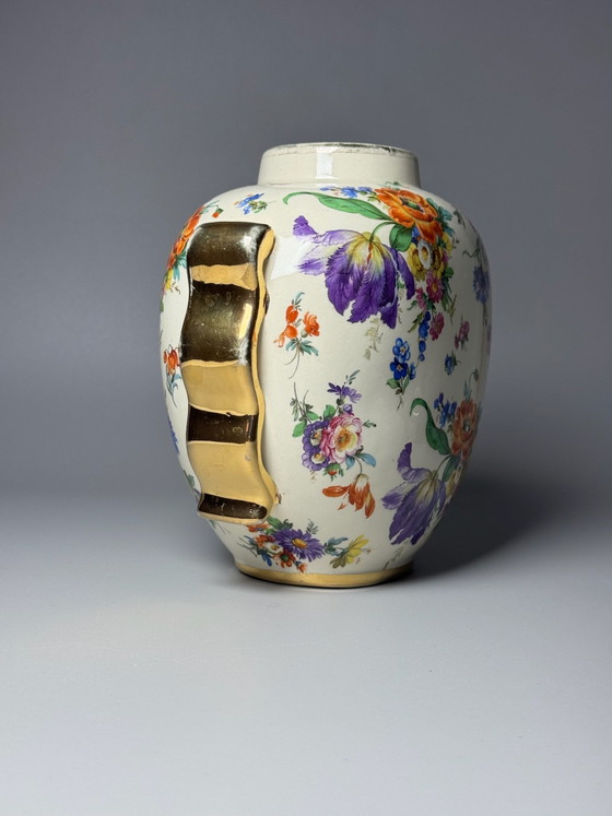 Boch Frères Keramis, Art Deco Vase, “Fleurs des Saxe” Decoration -Belgium, Ceramic, Gold (photo 11 of 15)