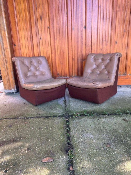 Set of Mid-Century Modern Brown Leather and Fabric Chairs, 1960s