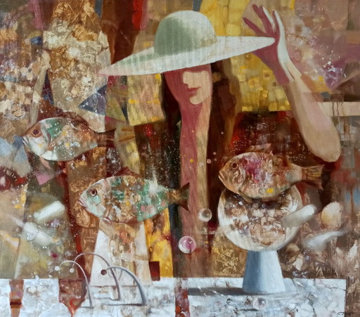 Origineel olieverfschilderij, abstract figuratief meisje, surrealisme, zwevende vis – schilderijen tekeningen, Canvas