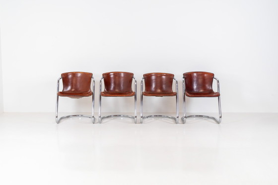 Image 1 of Set Of 4 Rare Leather Dining Chairs By Willy Rizzo For Metaform (The Netherlands, 1970S).