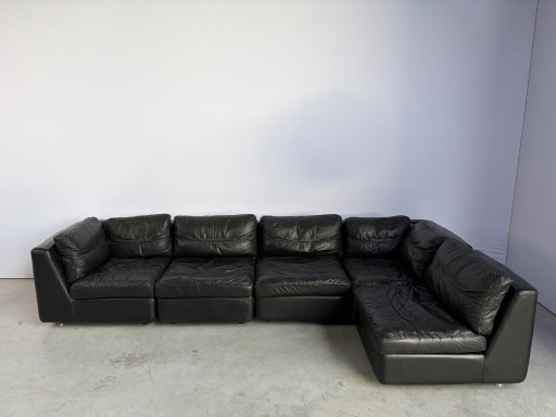Canapé modulaire vintage en cuir noir, années 1970