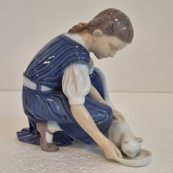 Image 1 of Statuette Of A Girl With Cat, Bing & Grondahl 1960s