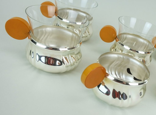 6 verres à thé dans des supports en métal chromé avec des poignées en bakélite, art déco, années 1930-40
