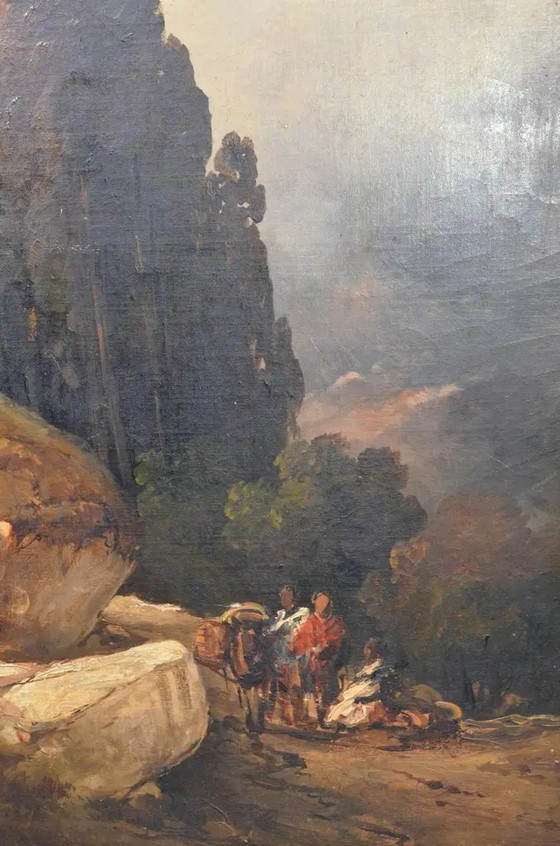 Antique Romantic Landscape Oil Painting With Figures and Rocky Scenery – Paintings & Drawings, Wood, Canvas (photo 8 of 11)