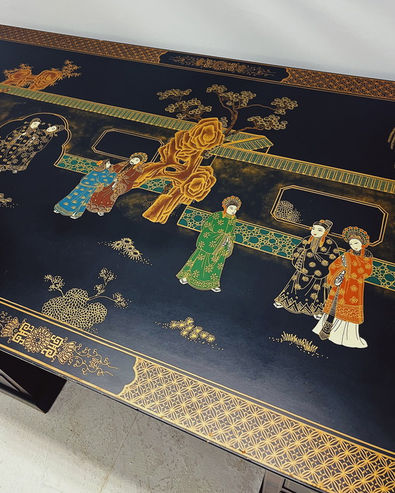 Image 1 of Vintage Chinees Bureau met Glazen Bovenblad