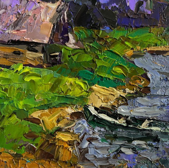 Image 1 of Original Oil Painting Sunset Village Landscape Evening cold breeze