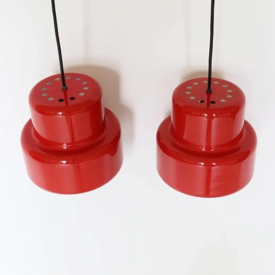 Image 1 of Lámparas colgantes vintage rojas Jo Hammerborg diseño danés