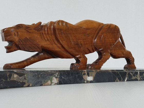 Image 1 of Art Deco Panter 1920-1930 in walnoothout en marmer, vintage jaren 20, 30, 1920, 1930