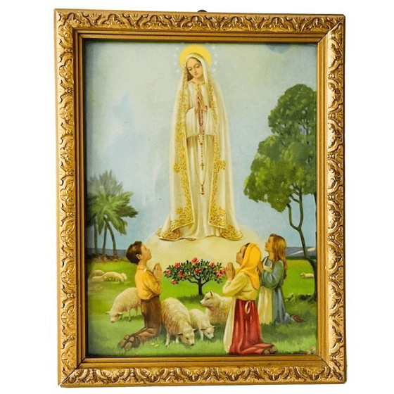 Image 1 of Lithographie religieuse vintage Marie avec trois petits enfants 1940s