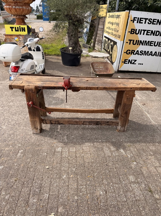 Image 1 of Solid Wood Carpenter’s Workbench with Original Cast Iron Vice