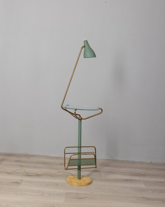 Image 1 of Vintage 1950s coffee table with lamp and magazine rack Italian design 