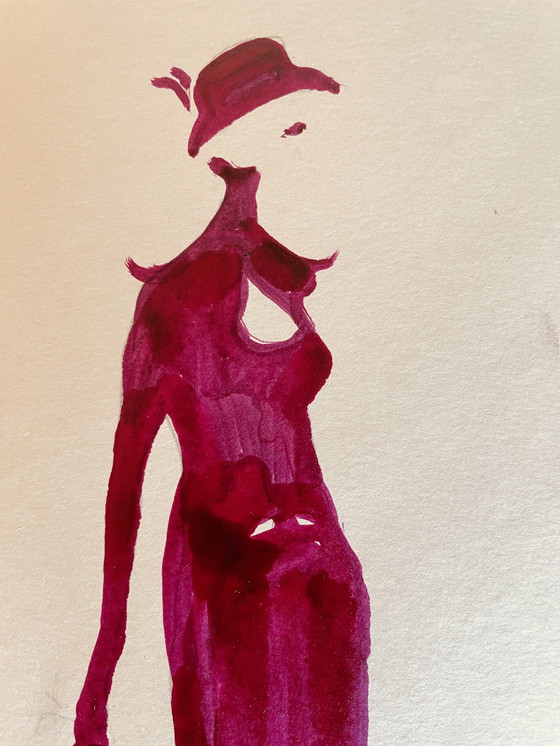 Image 1 of Tableau Signé Encre Gravure Mode Portrait Féminin " Paarse jurk " (gesigneerd)