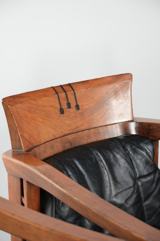 Image 1 of Ensemble de 4 chaises de salle à manger de luxe en cuir noir, design Art déco, par Schuitema