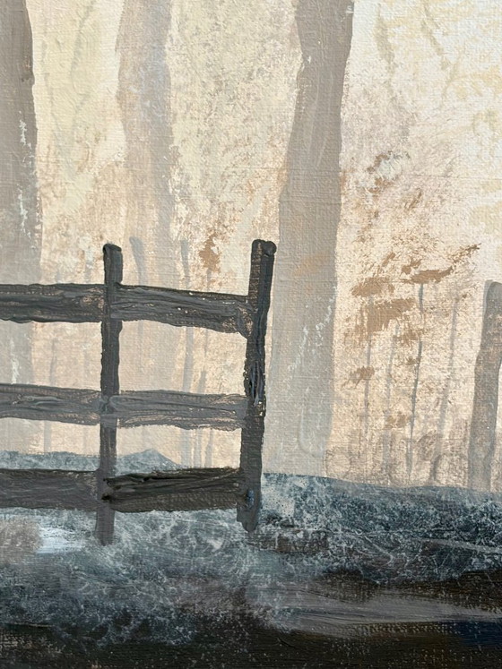 Image 1 of Sfeervol mistig boslandschap met water en reflecties | titel:0414 | 80 x 80 cm