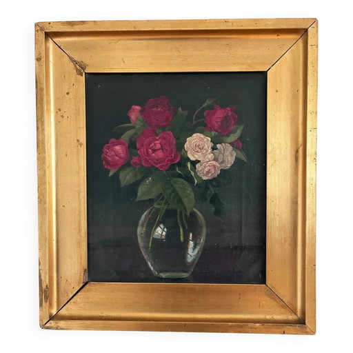 Peinture à l'huile originale vintage de nature morte florale de roses