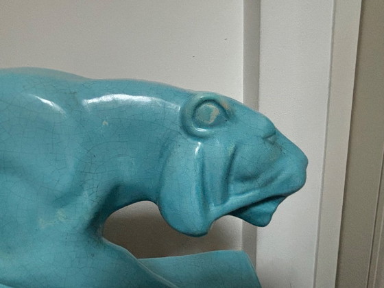 Image 1 of Gran puma de cerámica, intacto, turquesa, original Art Déco 1920-1939 L&V Ceram