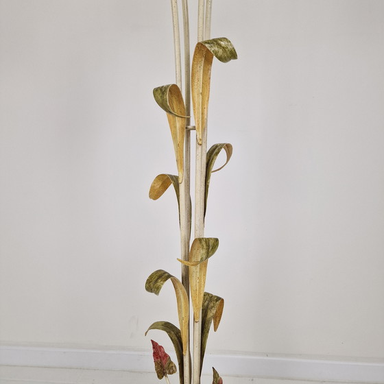 Image 1 of Italian Floor Lamp with Metal Stems, Leaf Details and Murano Glass Flower Shades