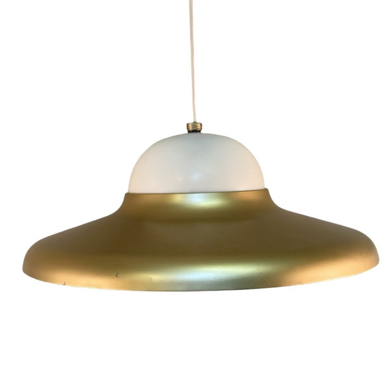 Image 1 of Ca. 1970’s - Scandinavian - Pedant lamp / ceiling mounted - Gold colored metal brim and plastic insert