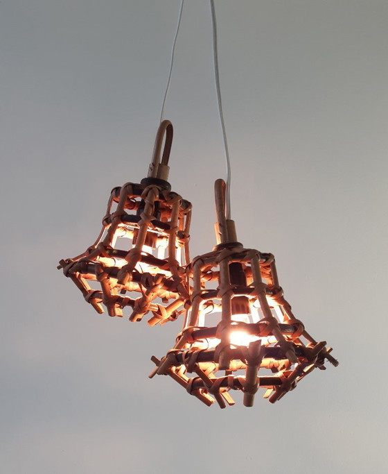 Image 1 of Set of 2 rattan hanging lamps, mcm hanging lamps, rattan bedside lamps