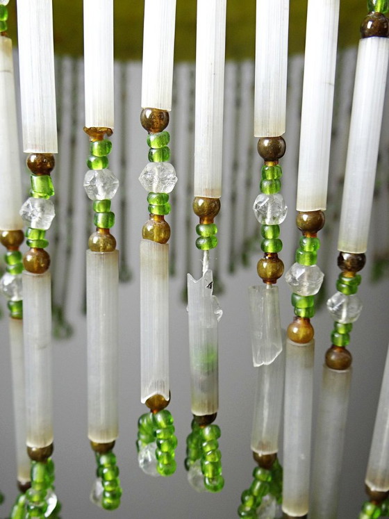 Antieke Art Deco Lampenkap van Geel Gemarmerd Glas met Kralenfranjes – Art déco, Decoratieve objecten (photo 13 of 14)