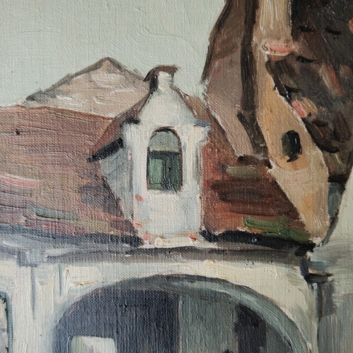 Joseph Van Hoyvelt – Vintage Belgian Oil Painting of Flemish Courtyard – Framed Mid Century Artwork