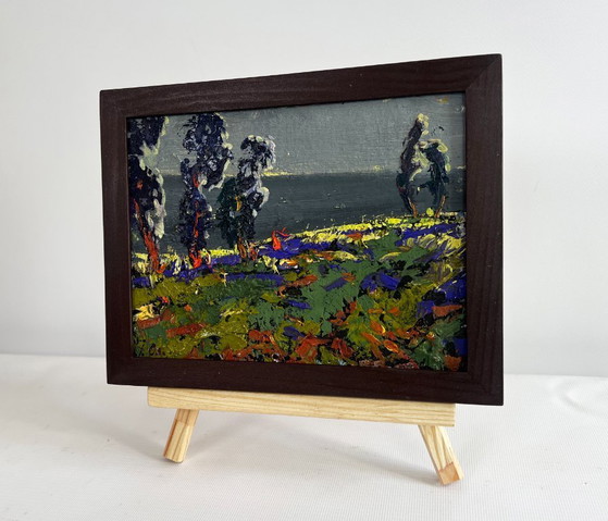 Image 1 of Original Oil Painting Gloomy Nature Landscape Far beyond the river