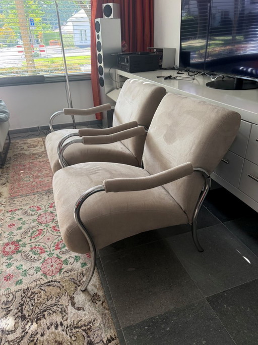 2 x Vintage Gelderland, Alcantara Taupe – fauteuils, Textile, Chrome (photo 2 of 5)