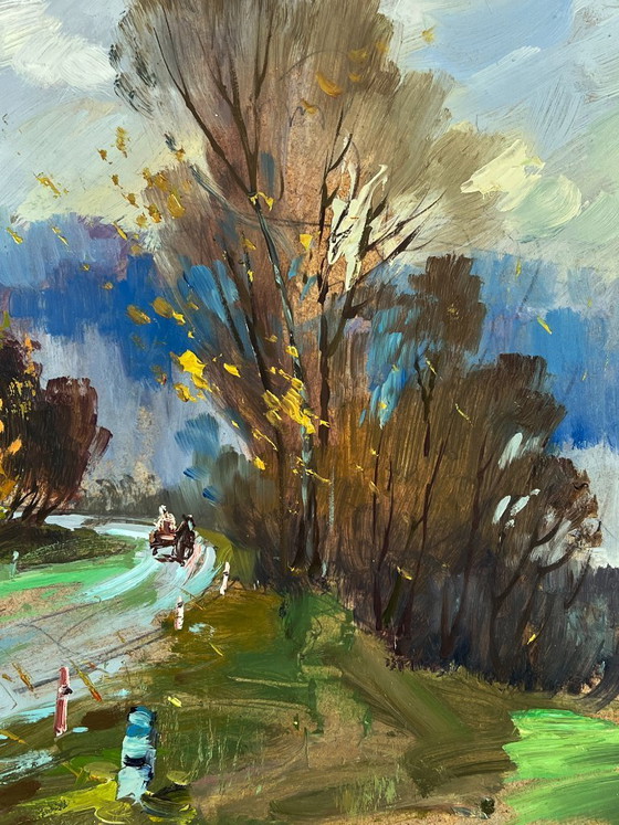 Image 1 of Peinture à l'huile originale représentant un paysage naturel, une route et un temps d'automne en forêt.