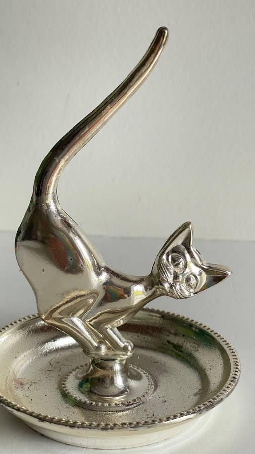 Zilverkleurig metalen katten sieradenbakje