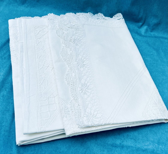 Image 1 of Vintage white pillowcases with lace & monogram**