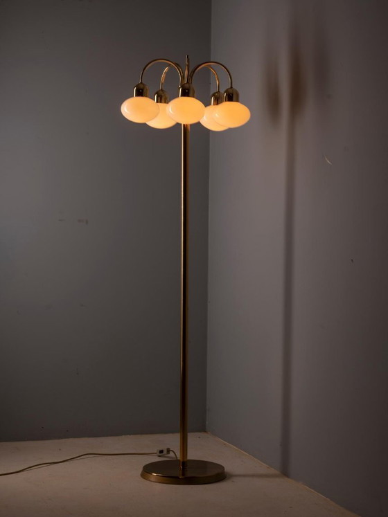 Lampada da terra vintage in ottone con cinque paralumi in vetro opalino, metà del XX secolo, Cecoslovacchia, (photo 8 of 8)