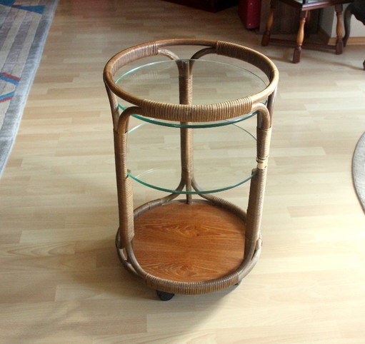 Round bar cart bamboo/rattan/wood - 3 tiers – decoratieve objecten, Glass, Vintage