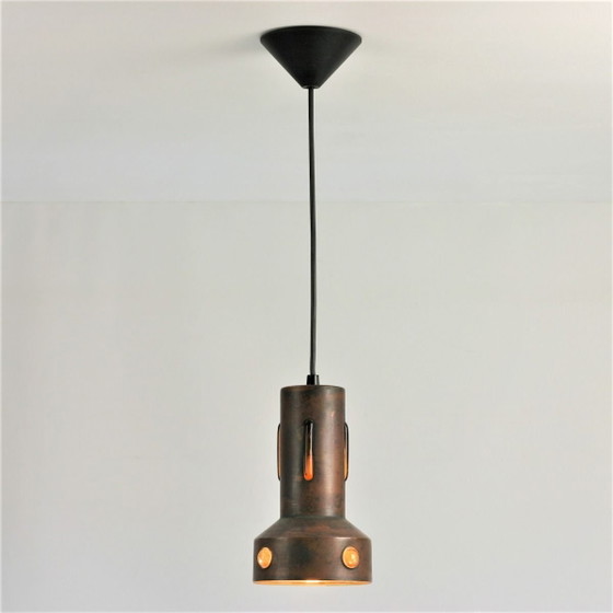 Image 1 of Ensemble de 2 suspensions Nanny Still pour Philips / Peill & Putzler, cuivre oxydé et verre ambré, années 1960