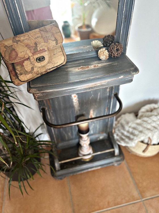 Old entrance coat rack patinated blue-grey with mirror, Vintage charm, Shelving unit, Wood (photo 3 of 15)